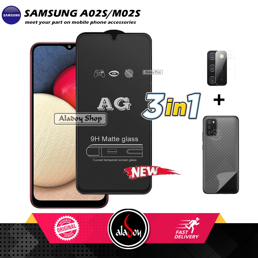 Paket 3IN1 Tempered Glass Layar Matte Anti Glare Samsung A02S/M02S Free Tempered Glass Camera dan Skin Carbon