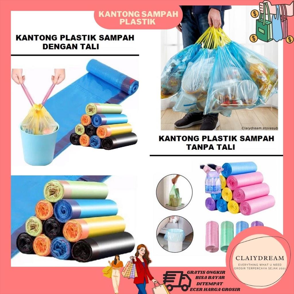CLAIYDREAM Kantong Plastik Sampah Roll Ukuran 45x50Cm Dengan Tali Pengikat Isi 15 Lembar / Tas Krese