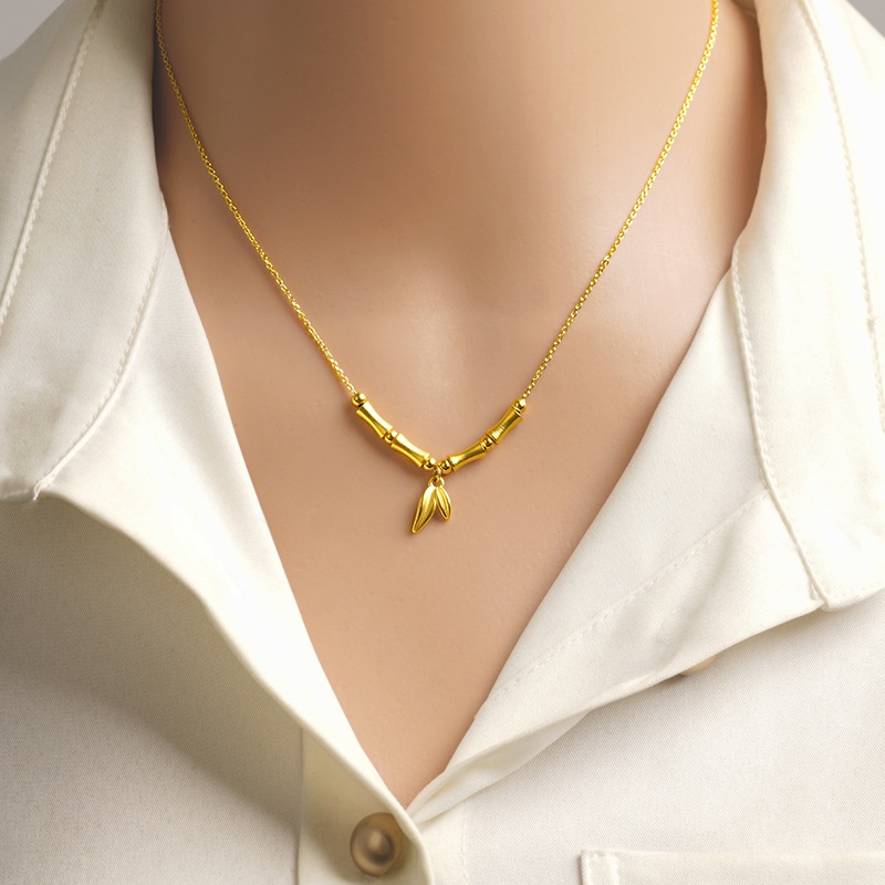 Goldkingdom Perhiasan Fashion Emas Asli Kadar 375Bangkok Aksesoris Ready Stock Liontin Bambu Untuk Wanita Kalung Vintage Bisa Ditarik Dan Disesuaikan