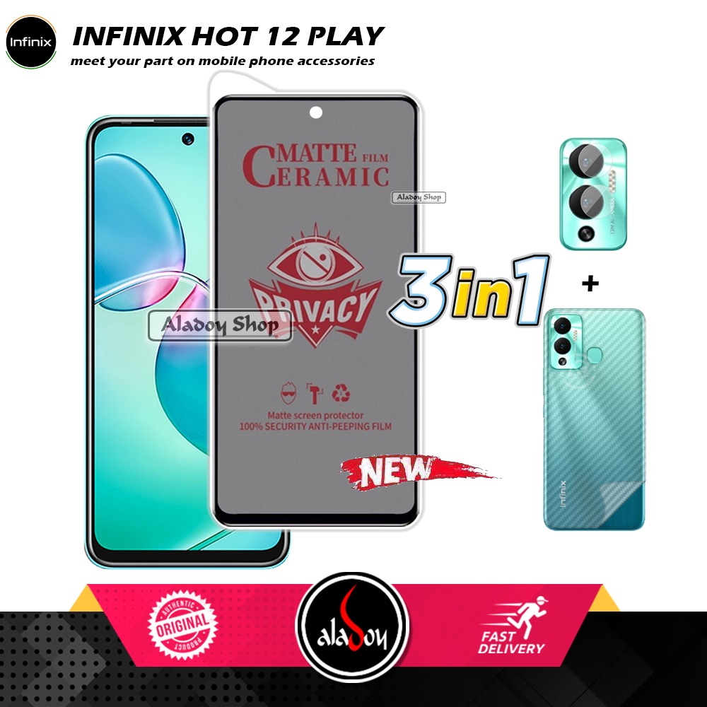 Tempered Glass Anti SPY Infinix Hot 12 Play Anti Gores Privacy + Tempered Glass kamera dan Skin Carbon