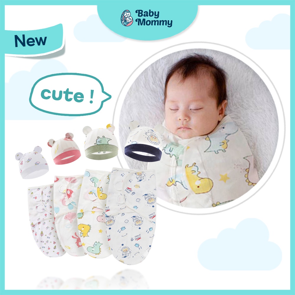 cod 2pcs /set bedong bayi instan &amp; topi swaddle baby newborn sleeping bag katun adem nyerap keringat