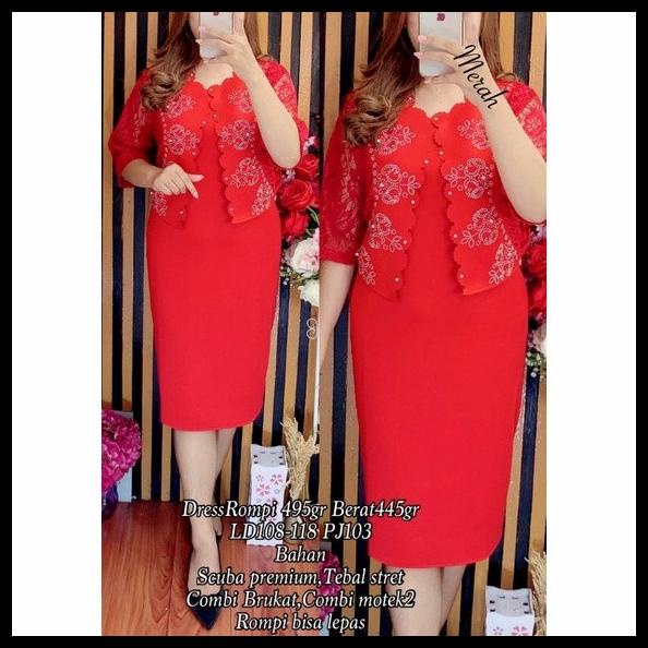 Dress Pesta Wanita Scuba Premium+Blazer Lepas Kombi Brokat Ld 96-112