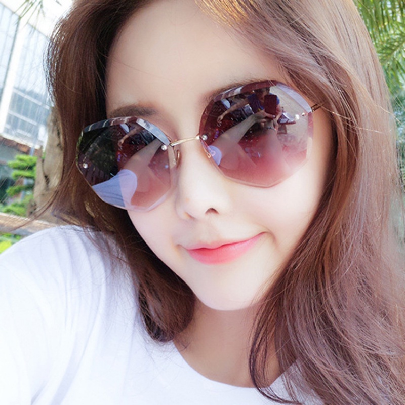 (YUZHU) Korea Fashion Tanpa Bingkai Kacamata Poligonal Wanita Oversized Frame Gradient Sunglasses