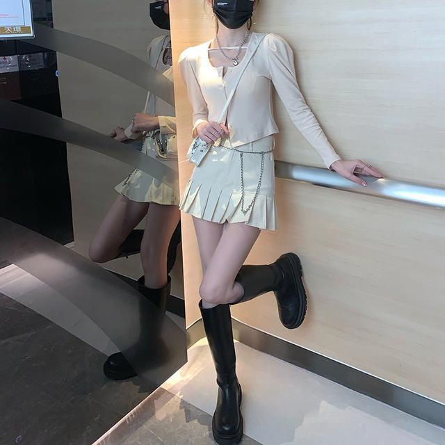 Suhao one-piece suit girl party~ Korean palace hot girl puff sleeve short T-shirt + vintage playful pleated skirt female