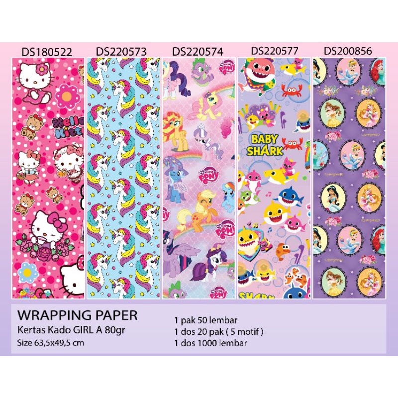 

Kertas Kado Karakter Girl A, Kertas Kado Anak Cewek, bungkus kado, kertas kado karakter
