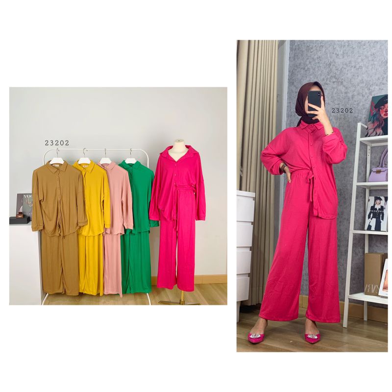 23202 One Set Celana Lengan Panjang Polos Knit Rajut Premium By Doe | Stelan Kemeja Kulot Premium