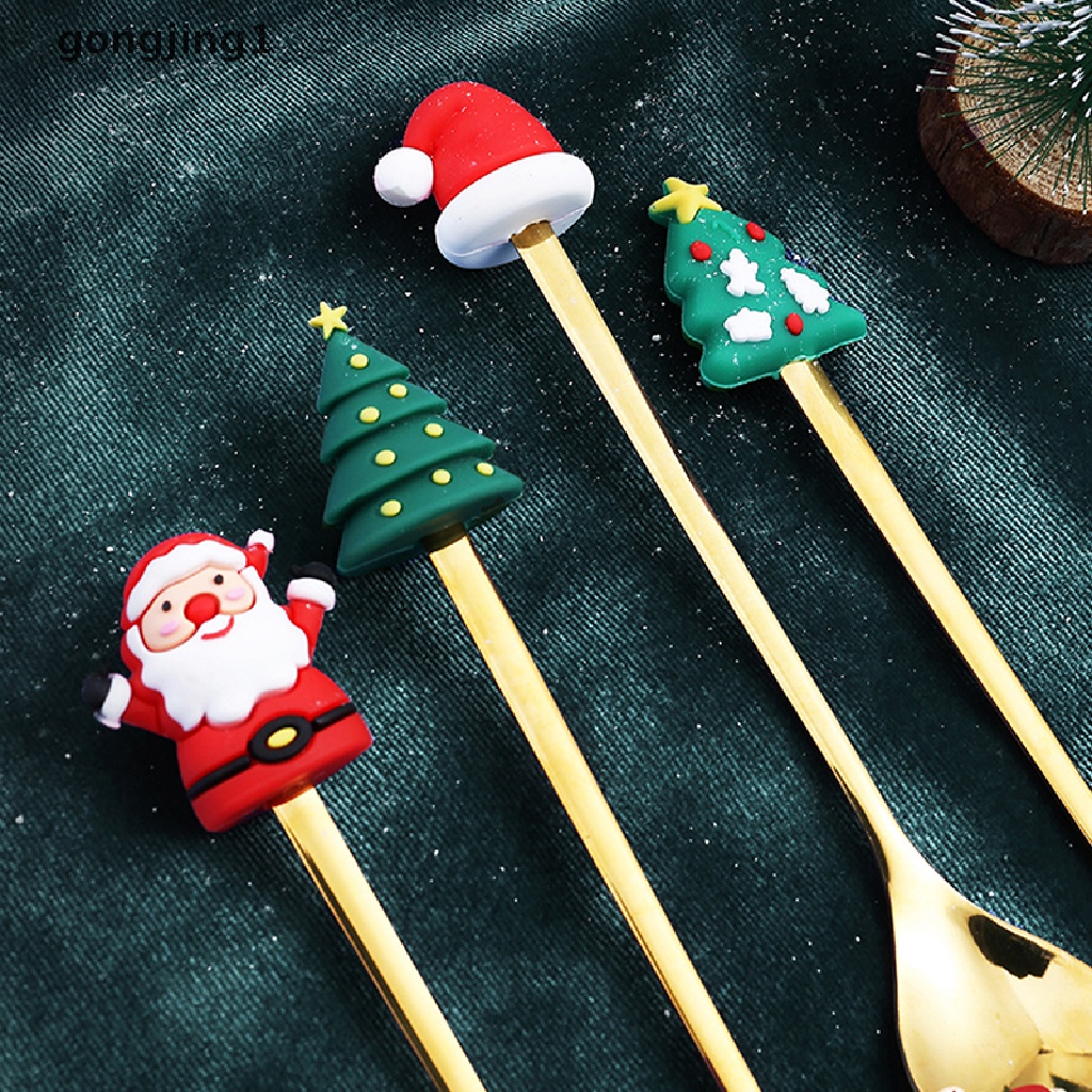 Ggg 4PCS/6PCS Christmas Gift Cutlery Sendok Garpu Set Elk Dekorasi Pohon Natal Dessert Spoon Fruit Fork Sendok Kopi Cutlery Gift ID