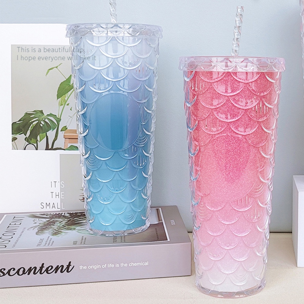 710ml Starbucks Straw Cup With Lid Double Layer Insulasi Panas Fish Scale Cup Net Botol Minum Tipe Merah