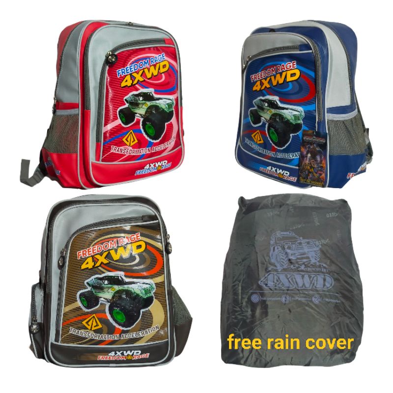 tas ransel anak cowok / laki - laki TK - SD Alto kids original mobil monster free rain cover