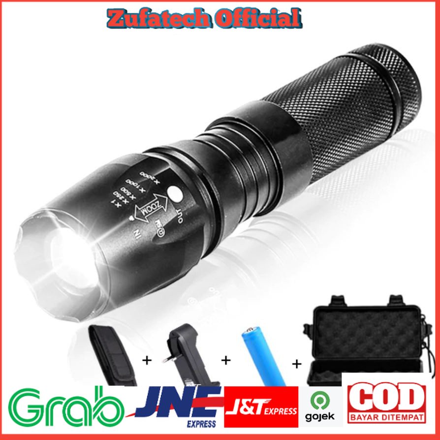 TaffLED Senter Tactical LED Cree XML-T6 3000 Lumens + Baterai + Charger + Box - E97 - Black