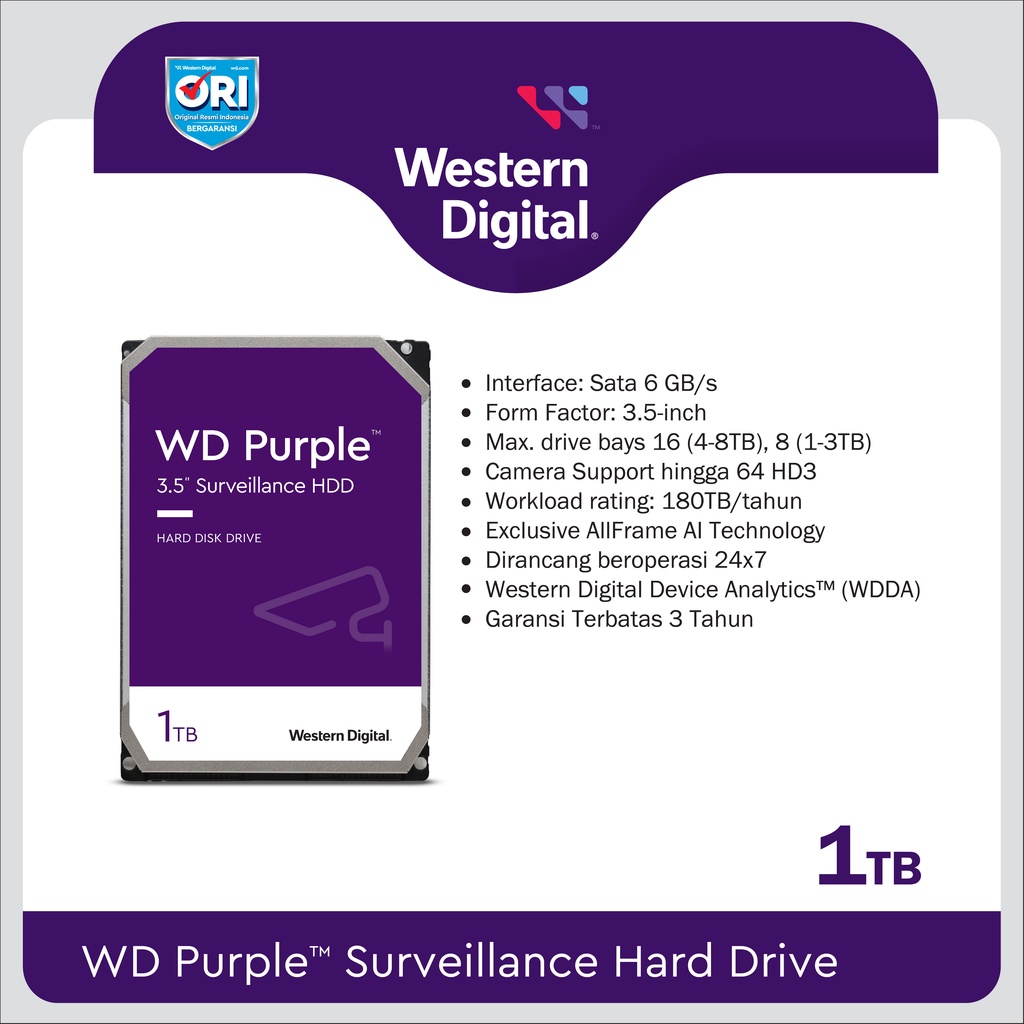 HDD WD Purple 1TB 3.5&quot; SATA III ORI - HDD CCTV Internal