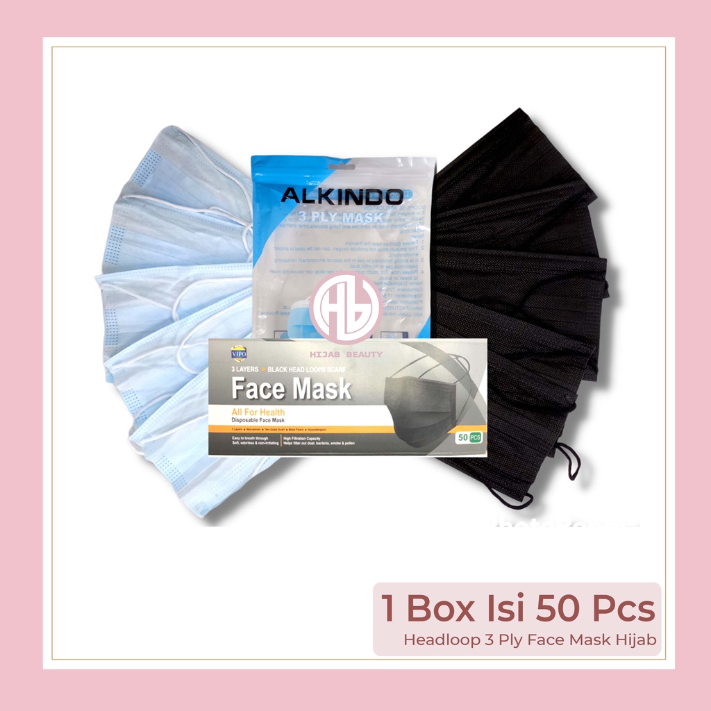 Masker Headloop 3 Ply Face Mask Hijab 1 Box Isi 50 Pcs