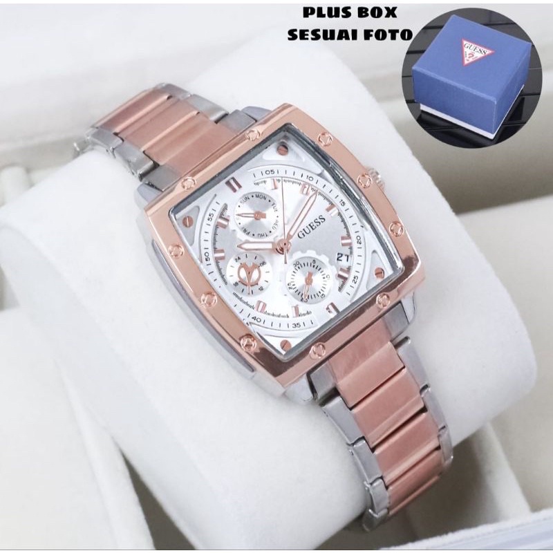 (Grosir)Jam Tangan Wanita Fashion Gues Kota Model AC Tanggal Aktif Crono Strap Rantai/Stell(COD)