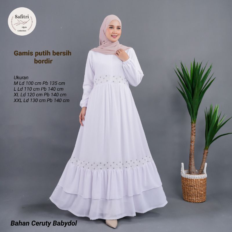 KHADIJA DRESS 1 Gamis bahan ceruty babydol putih bersih putih tulang broken white hitam Umroh/Manasik haji by Safitri Fashion