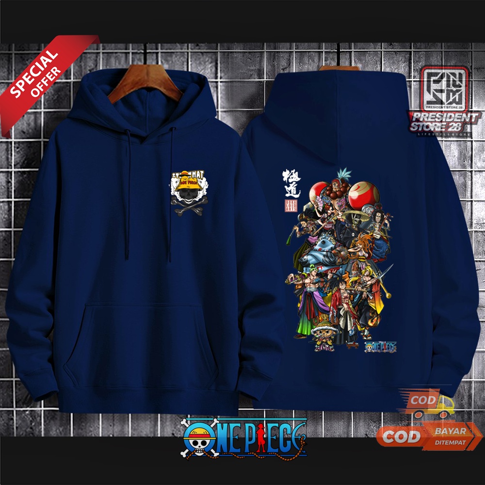 Sweater Hoodie Jumper Anime One Piece Sablon Depan Belakang Kualitas Premium Keren Bahan Tebal Size M L XL XXL HITAM PUTIH MISTY NAVY MARON