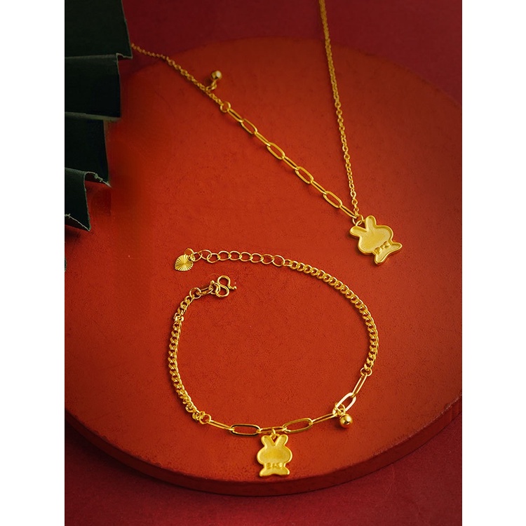 Goldkingdom Fashion Perhiasan Emas Asli Kadar 375 Bangkok Aksesoris Ready Stock Wanita Lucu Kartun Kelinci Kecil Gelang Minimalis Mewah Liontin Klavikula Kalung
