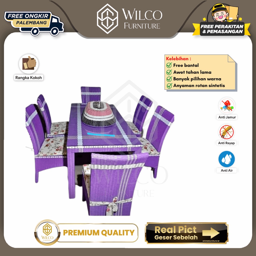 Meja Makan 6 Kursi Rotan Sintetis / Meja Makan Ungu Minimalis Murah - 4 Kursi