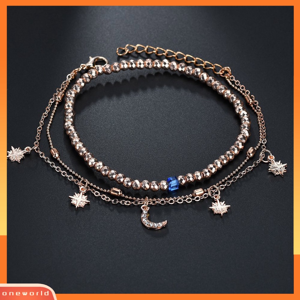 [WONE] Gelang Kaki Wanita Multilayer Perhiasan Daun Electroplating Faux Pearls Foot Bracelet Untuk Pantai