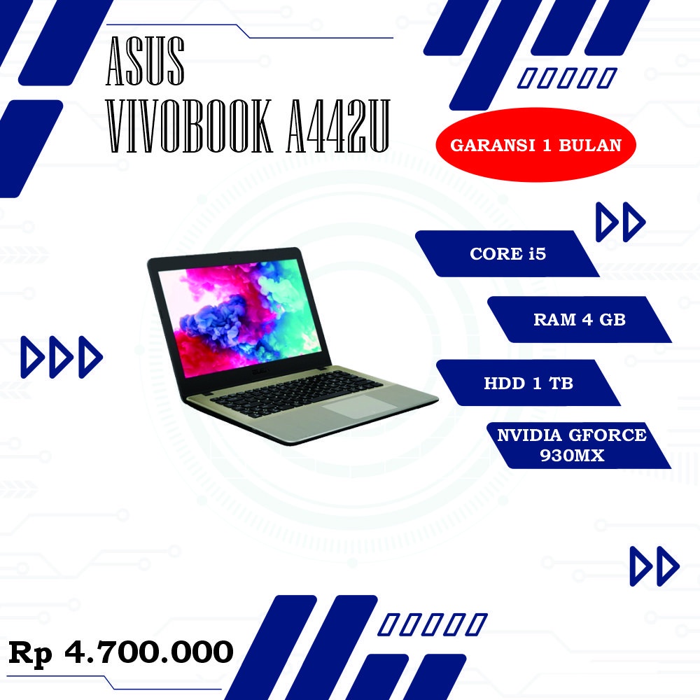 LAPTOP DUAL VGA ASUS VIVOBOOK A442U CORE i5 RAM 4/1 TB HDD+NVIDIA GFORCE 930MX WIN.10 GARANSI 1 BULAN