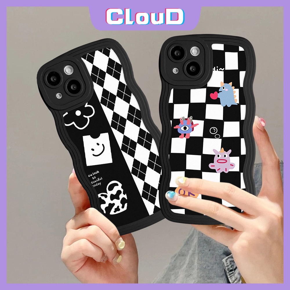 Cute Monster Wavy Edge Case Samsung A14 A04s A04 A03s A12 A13 A04E A11 A32 A33 A22 A21s A52 A50 A53 A50s A30s A52s A02s A31 A20 A23 A51 M32 Lattice Diamond Grid Lembut Tpu Cover