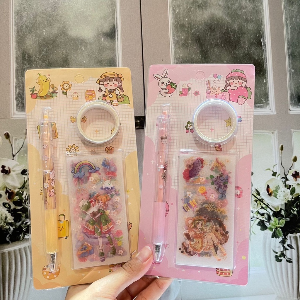 PAKET STICKER DAN WASHI TAPE CUTE LUCU 1 SET LENGKAP HARGA SUPER MURAH PAKET MINI ISI STIKER WASHITAPE &amp; PEMOTONGNYA PREMIUM TERBAIK BISA GROSIR DAN COD