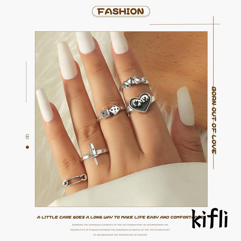 [KD]5pcs/Set Paper Clip Ring Antique Silver Vintage Ring