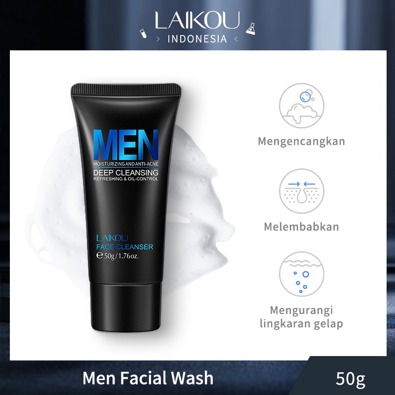 LAIKOU Men Face Wash Cleanser Mengontrol Minyak Mengurangi Jerawat Membersihkan Pori-pori 50g