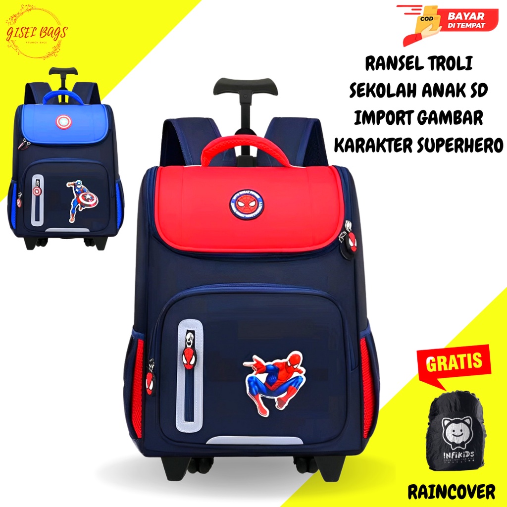 GSB ( GRATIS ONGKIR) COD- Tas troli sekolah anak laki laki sd import gambar karakter superhero waterproof