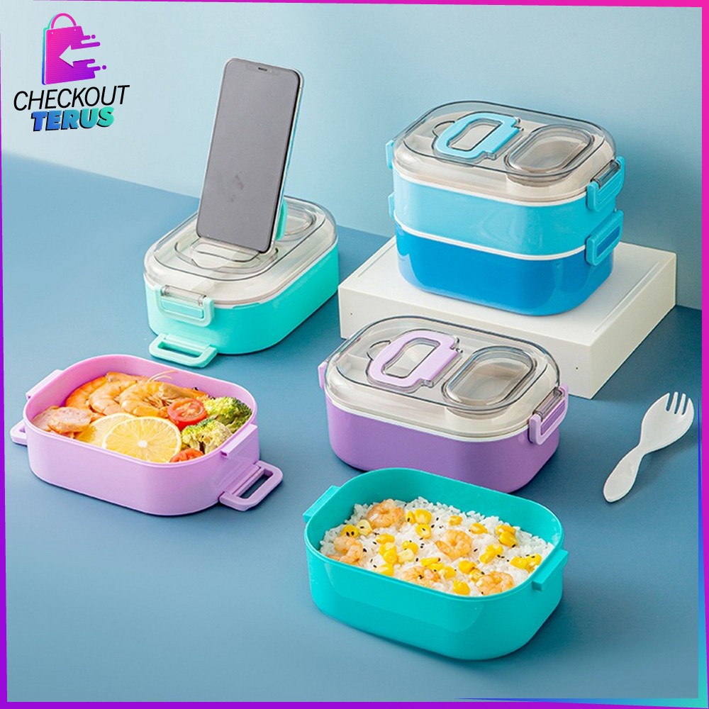 CT C696 Tempat Makan Set 2 Tingkat Anti Tumpah Dengan Pegangan Set BPA FREE Lunch Box Susun Free Sendok Portable