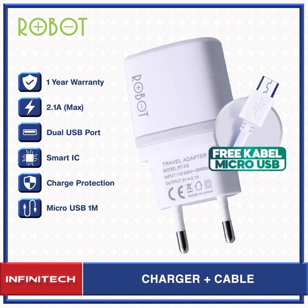Robot RT-K9 Kepala Charger 2 Dual Port Kabel Data Micro USB Samsung