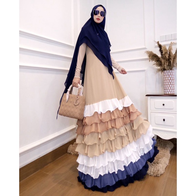PO 5MINGGU SUSUN RAINBOW NAVY CREAM SET DAILY DRESS SYARI BY JOZA CLOTHING