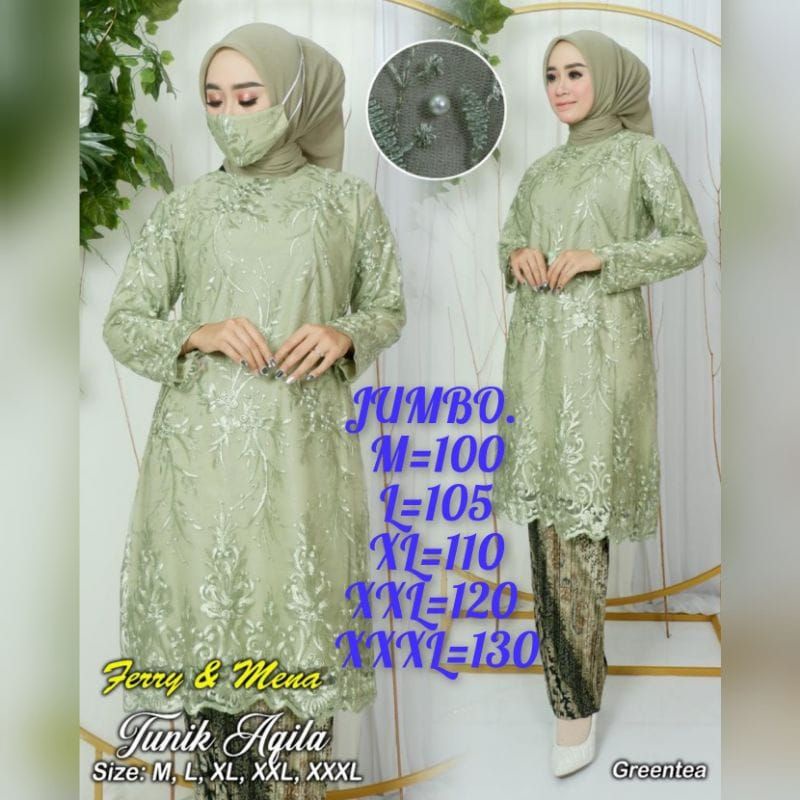 SETELAN TUNIK KEBAYA BRUKAT TILLE HIJAU SAGE JUMBO LD 130
