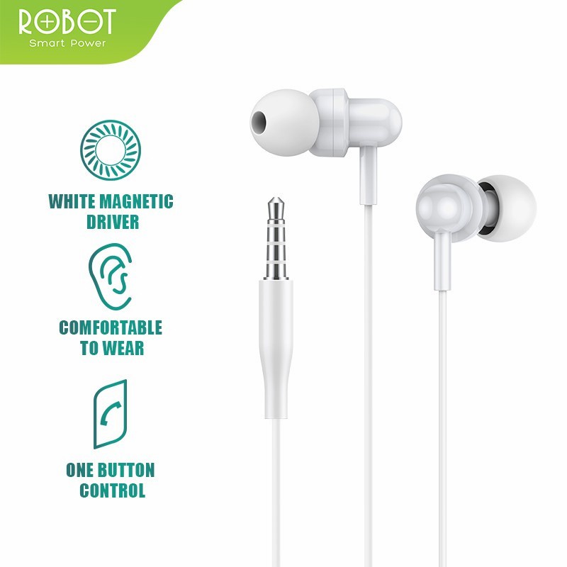 ROBOT Headset RE20 Oblique In-Ear Deep Bass Ultra Light Earphone - PUTIH