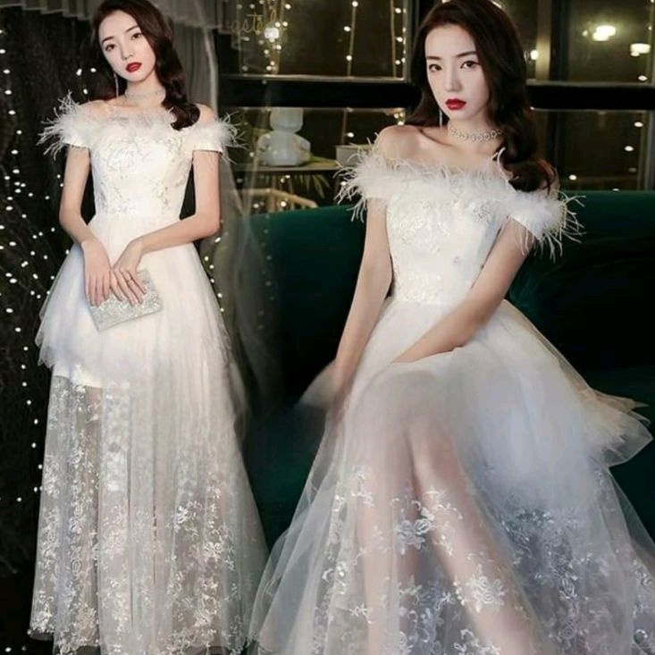 gaun bulu feather sabrina dress panjang putih long white gowngatsby peincess queen