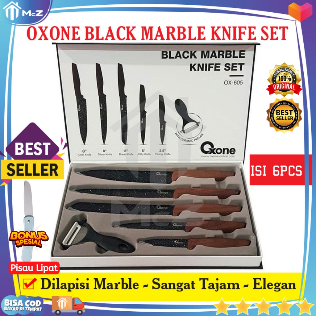 OXONE BLACK MARBLE KNIFE SET 6pcs OX-605 HITAM Bonua Pisau Lipat - Pisau Set Dapur Lengkap - Pisau D