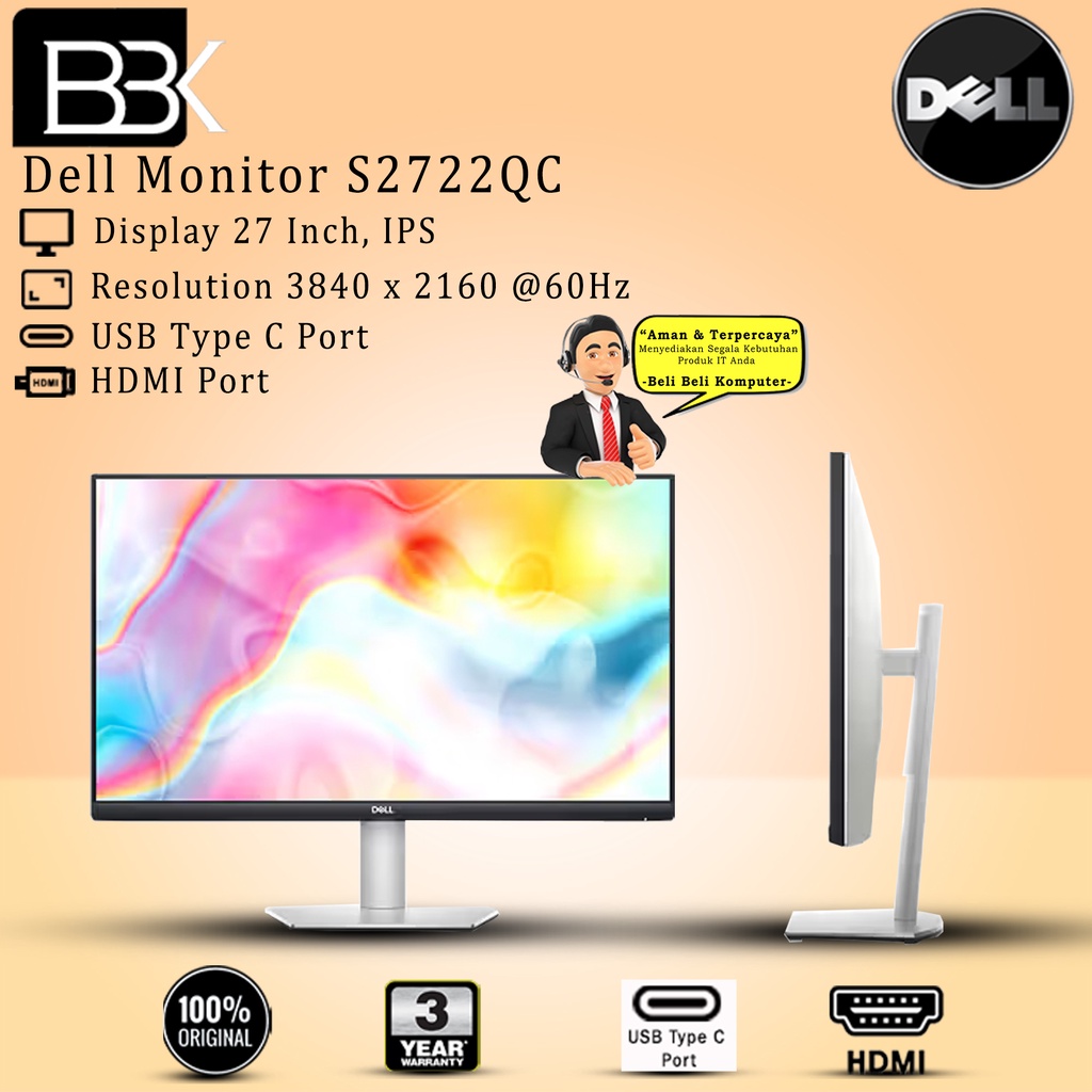 Monitor Dell 27" inch Monitor S2722QC 3 Year