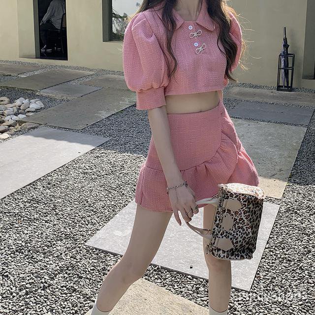 #Sisjuly# Rok setelan wanita rok setengah badan atas pendek merah muda baru