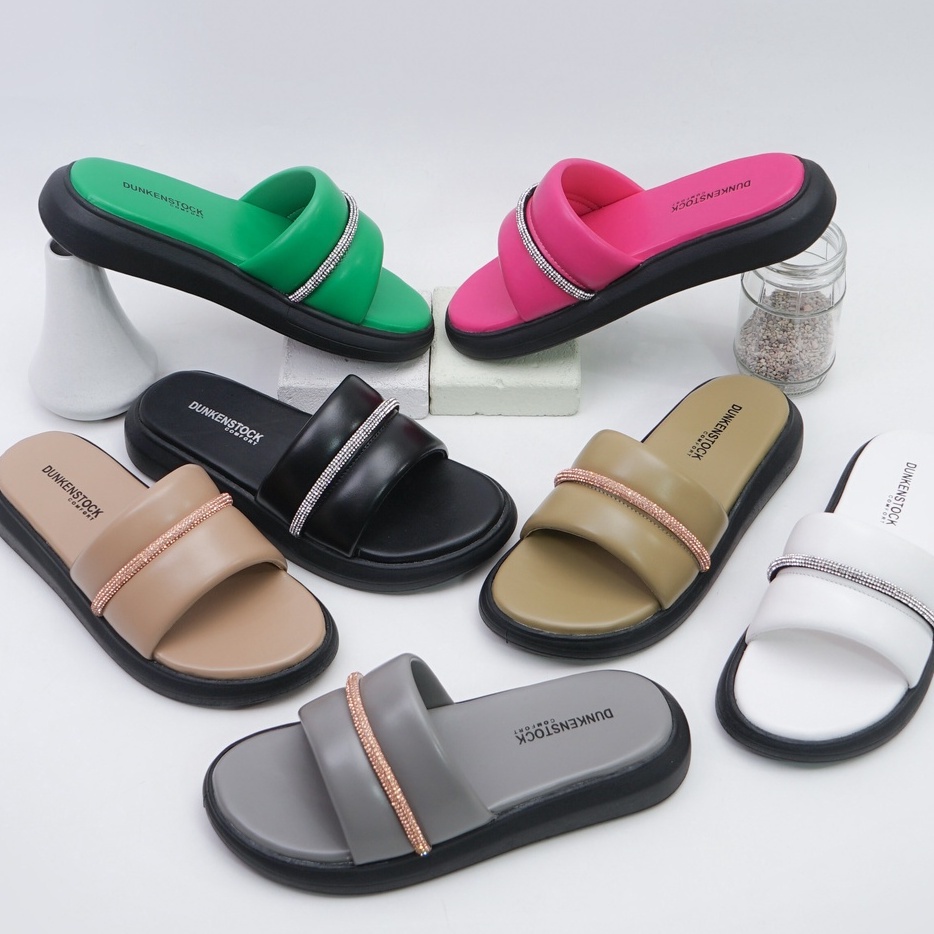 SARASARA YUK - Dunkenstock AGNES Sandal Wanita Tinggi 4cm Size 36 - 40 Selop Tidak Licin Sendal Beleza Wedges Slop Birken Kristal Belleza 37 38 39 40 Warna ALL Black Fuschia Pink Sara Sara Kekinian Premium Terbaru Shoes Ori Original Mall Official Store