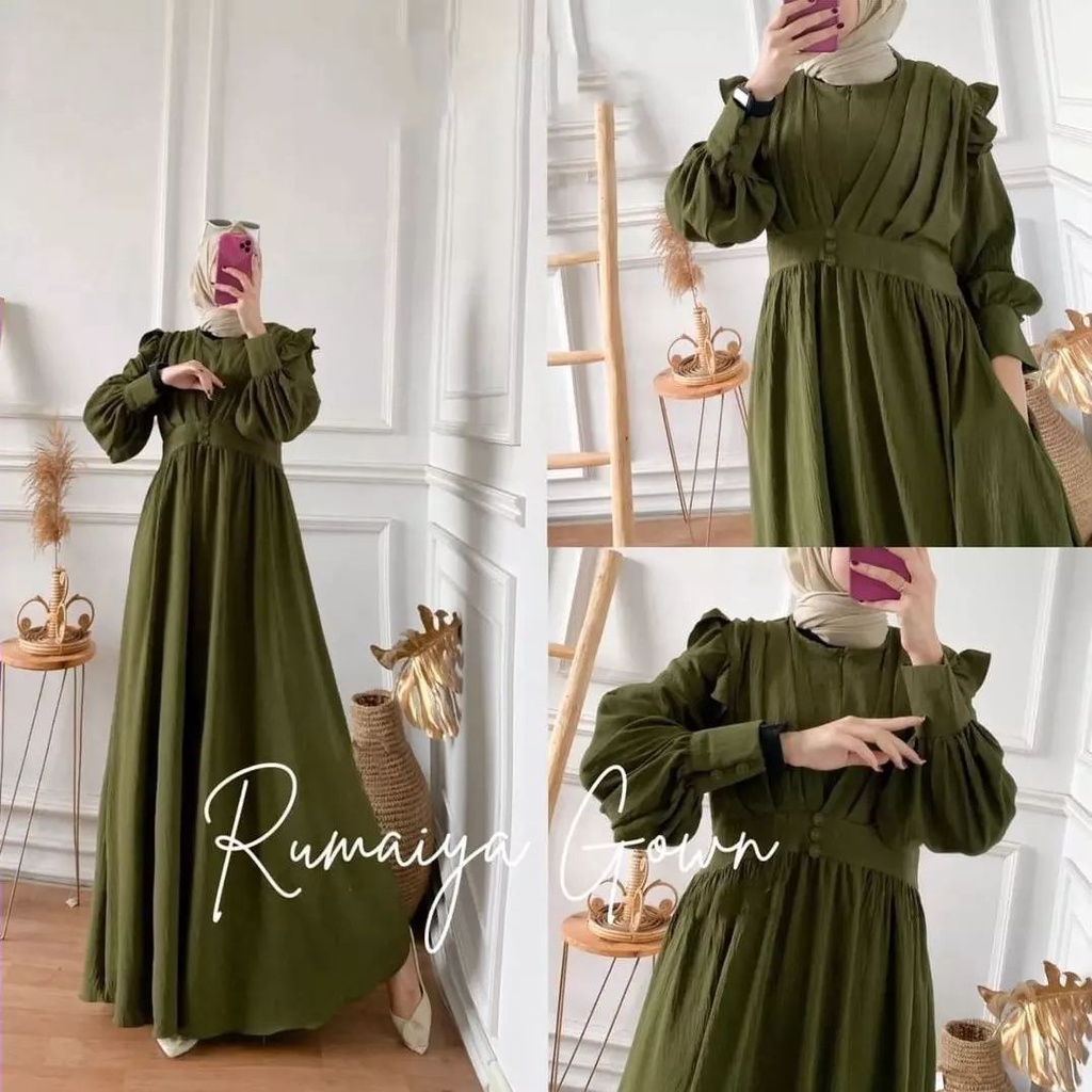 (COD) Rumaiya Dress Gamis Wanita Terbaru Bahan Crinkle Airflow Premium Aksen Bordir Kekinian Viral ootd 2022 / Dress Busui
