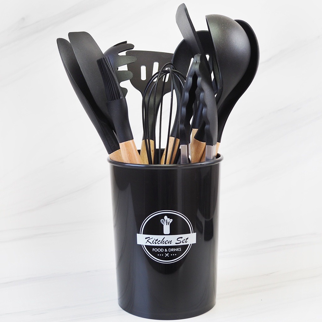 SILICON UTENSIL SET 12 PCS / SPATULA PERALATAN MASAK / SUTIL PEGANGAN KAYU BAKING SET + WADAH SUTIL FREE PACKING DUS FBL