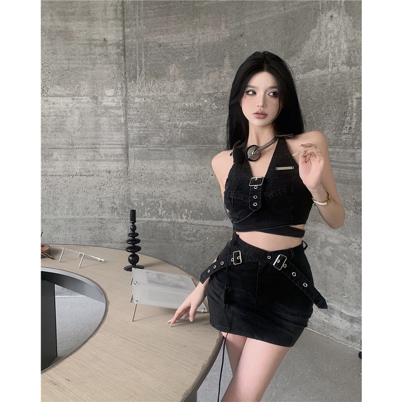 ✎○❃Suhao sweet cool hot girl denim camisole female summer design sense niche sexy halter neck sleeveless tight short top