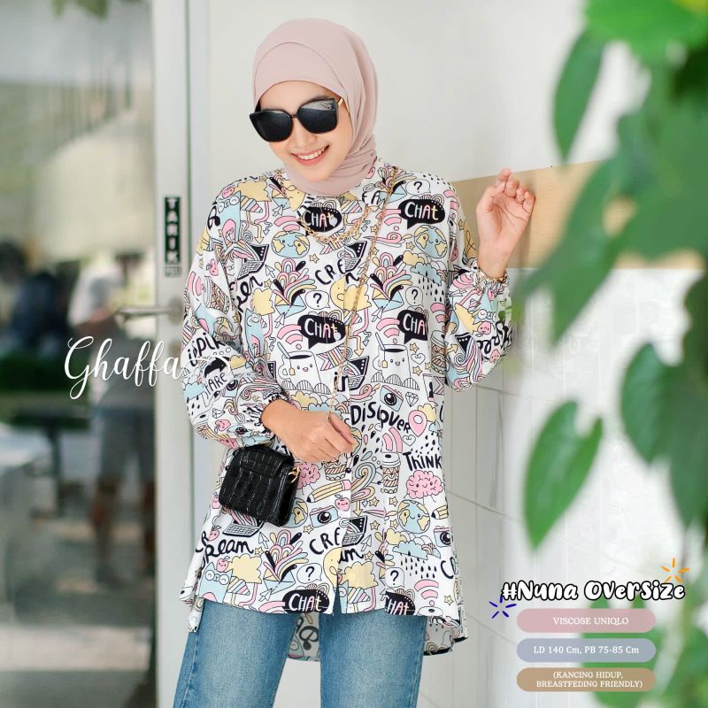 NUNA OVERSIZE BY GHAFFA THE LABEL / BLOUSE JUMBO MOTIF WANITA MUSLIMAH / Blouse Oversize rayon kekinian