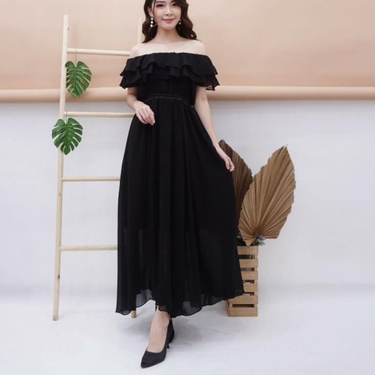 {NIU.21De22ᴱ} Maxi dress sabrina wanita angel off Shoulder kerut pinggang bahan sifon Chiffon Ceruty