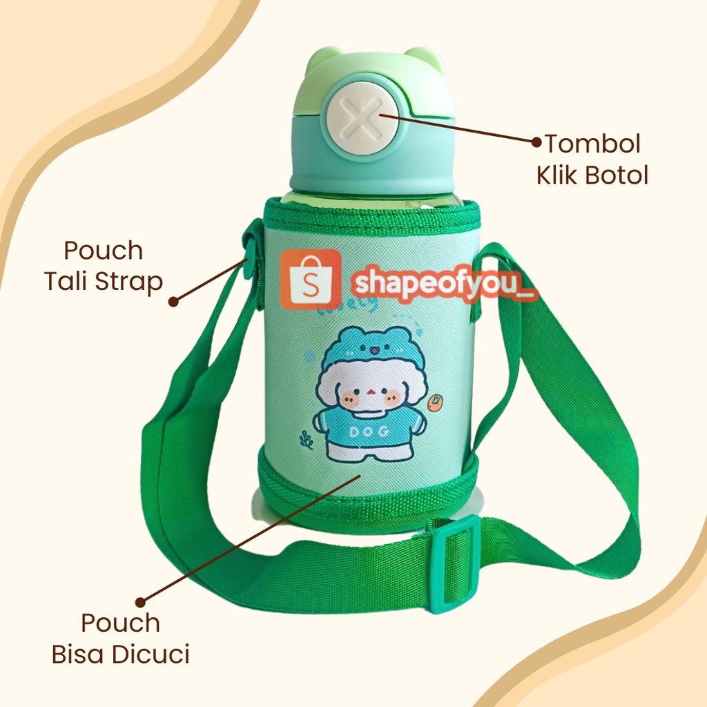 Botol Minum Anak Pouch Botol Anak Sedotan Tali Panjang 600ml Premium Bear Bottle Pink Biru