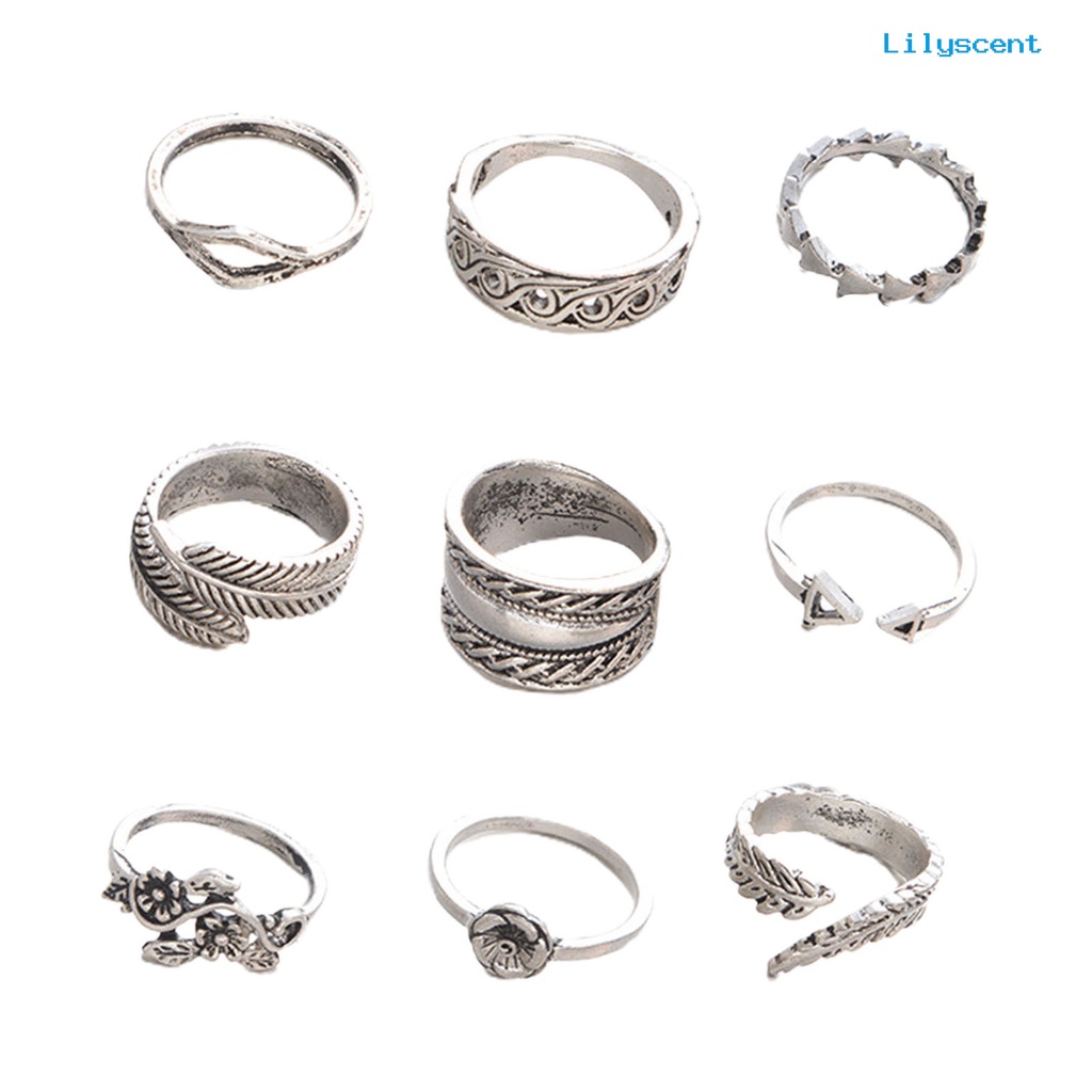 [LS]9Pcs Stackable Knuckle Rings Hollow Keluar Bunga Daun Wanita Vintage Jari Cincin Perhiasan Aksesoris