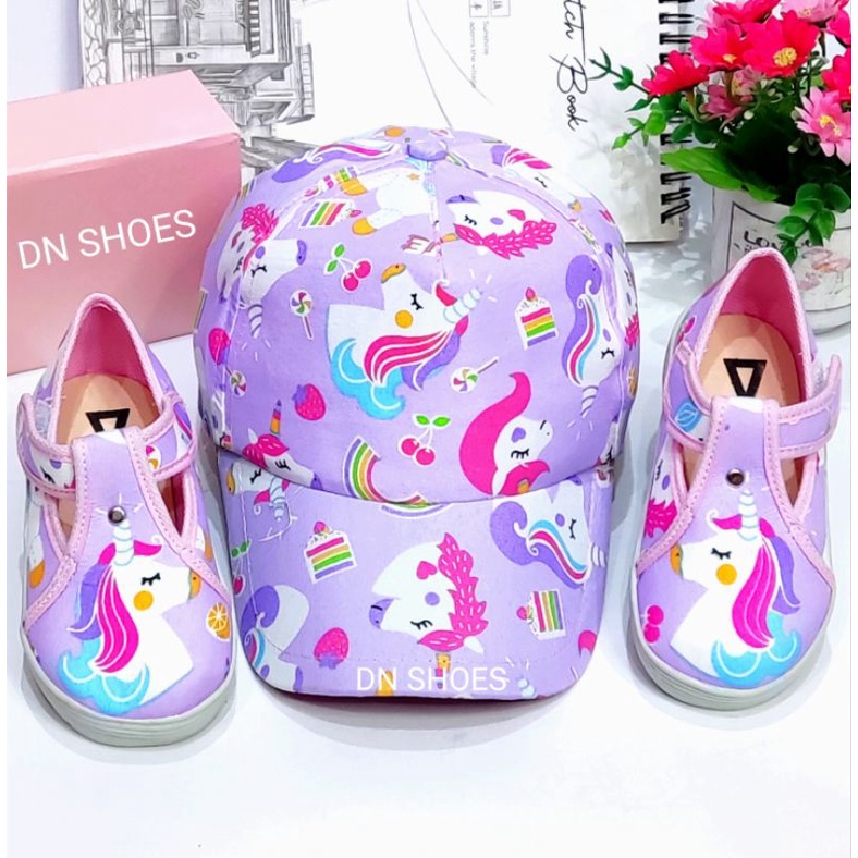 Paket Sepatu Anak Perempuan Paket Flatshoes Anak Topi Pet Anak Perempuan Lucu Karakter Unicorn Ungu Cute