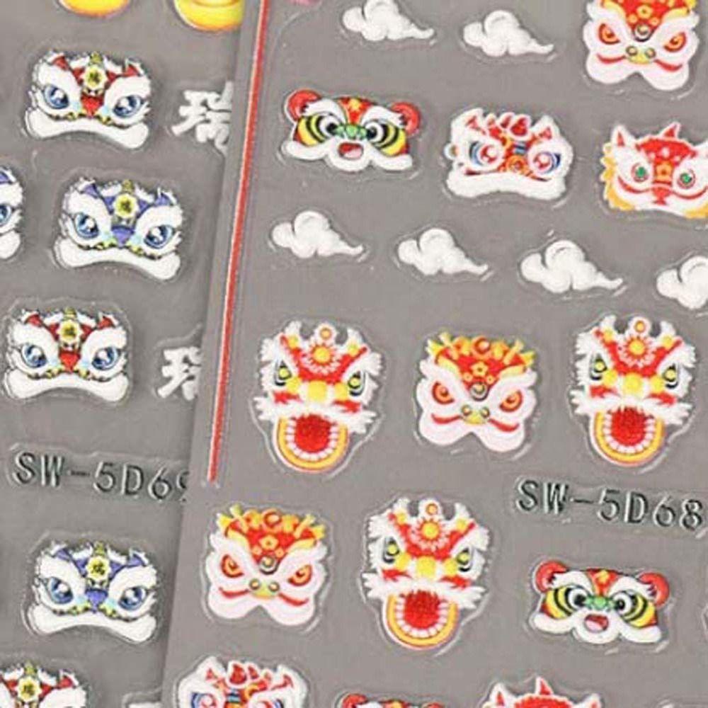 Mxbeauty Stiker Kuku Imlek 5D Relief Singa Lucu Manikur Aksesoris FU Karakter Perekat Diri Karakter Cina Nail Art Dekorasi