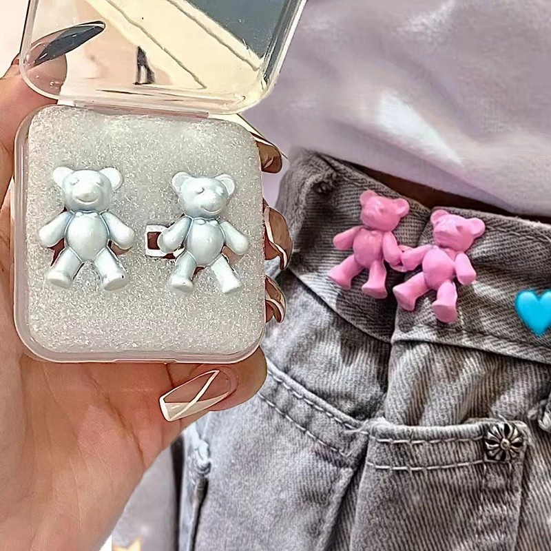 [Harga Grosir] Cute Bear Fastener Pants Pin Waist Size Detachable Button Aksesoris Kancing Jeans Metal Bebas Jahit 2Pcs Cute Bear Kancing Logam Snap