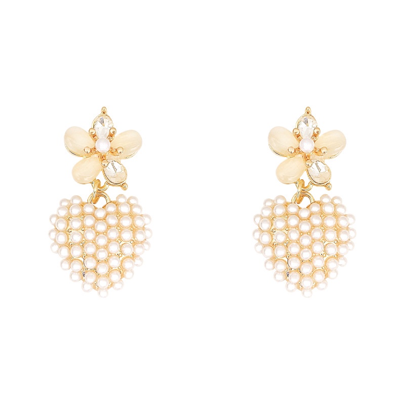 925 Perak Jarum Mutiara Anting Hati Fashion Perempuan Mata Kucing Anting Bunga