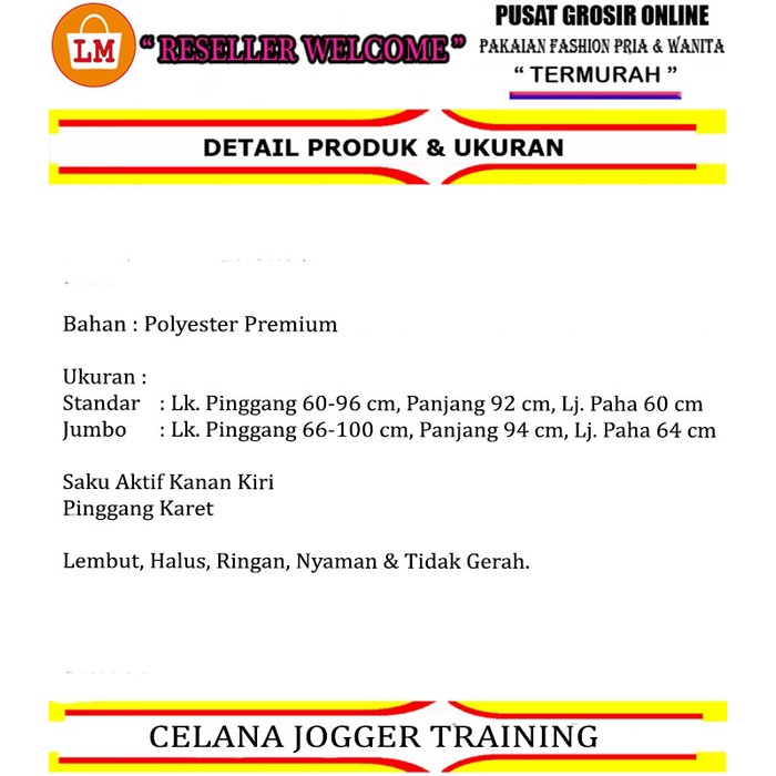 Celana JOGGER Panjang Jersey Olahraga Polos Dry Fit Pria Wanita Unisex Big Size Oversize STANDAR &amp; JUMBO / 30646